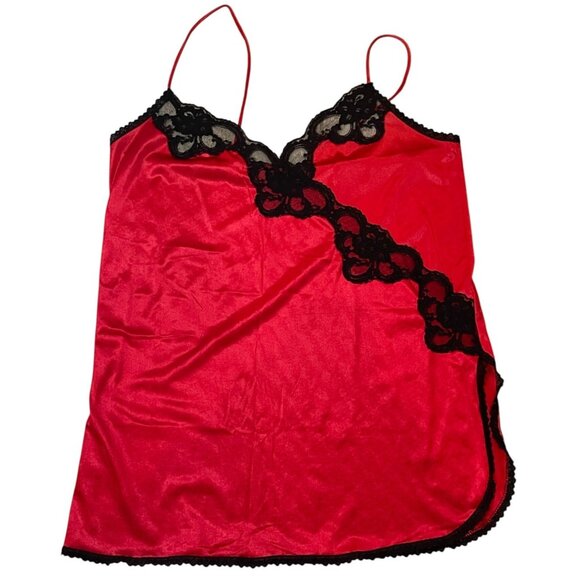 Vintage Red & Black Lace Trim Satin Chemise Nightgown Size Large - Picture 3 of 14